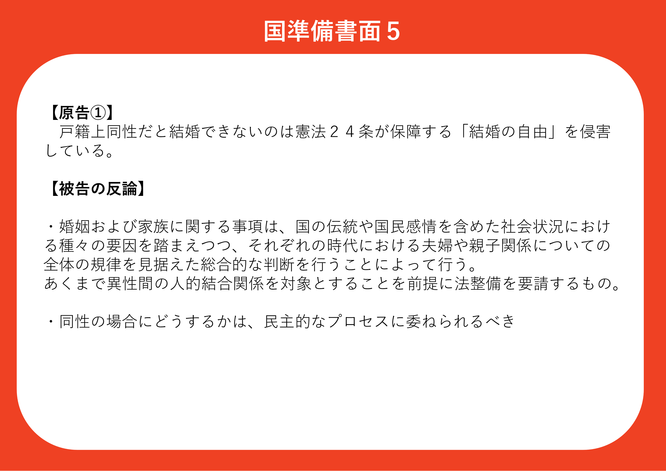 【原告①】 戸籍上同性だと結婚できないのは憲法２４条が保障する「結婚の自由」を侵害している。 【被告の反論】 ・婚姻および家族に関する事項は、国の伝統や国民感情を含めた社会状況における種々の要因を踏まえつつ、それぞれの時代における夫婦や親子関係についての全体の規律を見据えた総合的な判断を行うことによって行う。 あくまで異性間の人的結合関係を対象とすることを前提に法整備を要請するもの。 ・同性の場合にどうするかは、民主的なプロセスに委ねられるべき