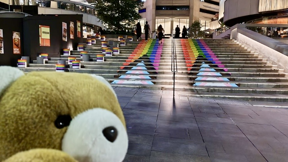 野外の広場にある広く大きな階段の前にくまがいる。 階段全体にわたって、プログレッシブプライドカラーがペイントさている。