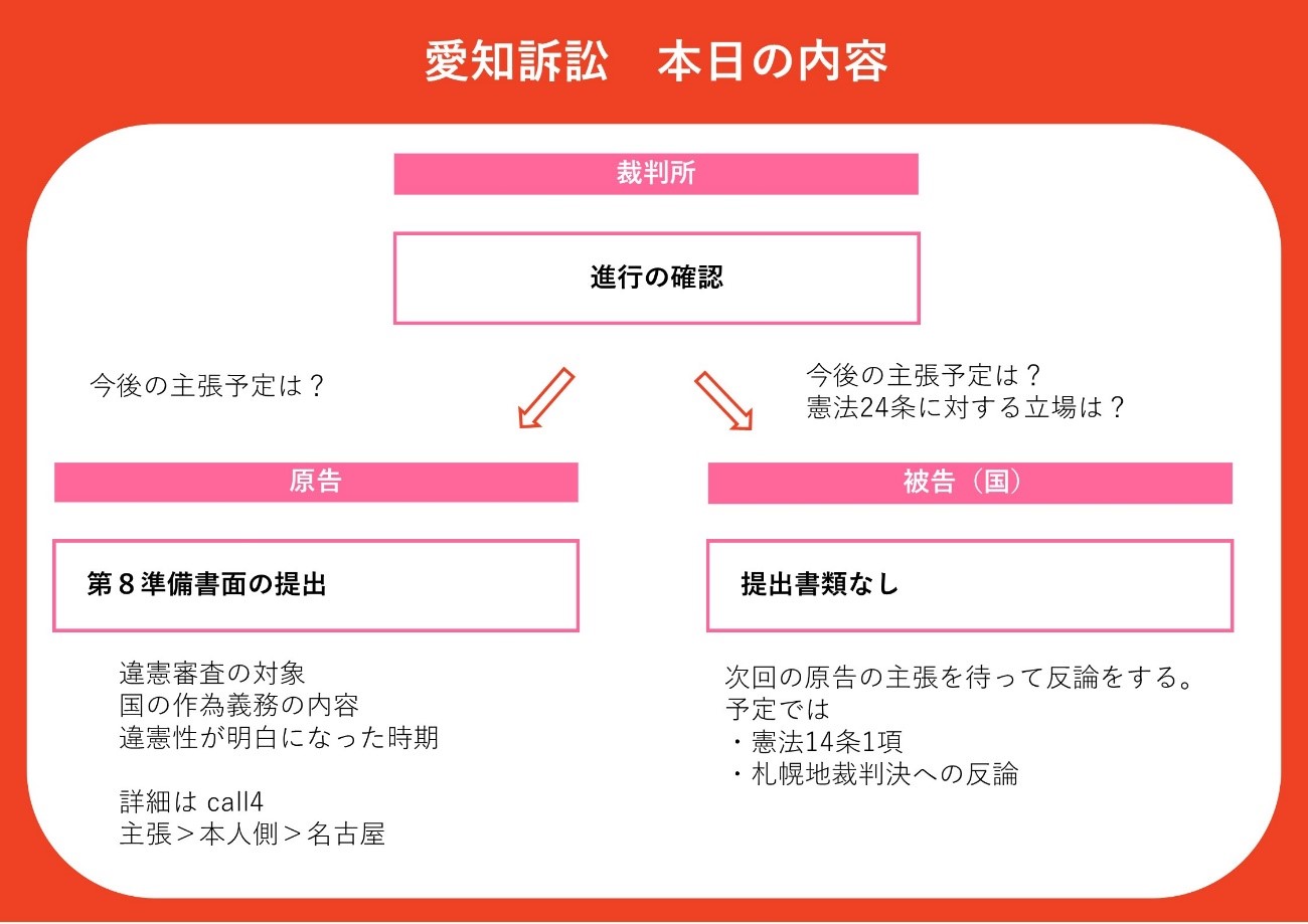 裁判所進行の確認原告第８準備書面の提出違憲審査の対象 国の作為義務の内容 違憲性が明白になった時期 詳細は call4 主張＞本人側＞名古屋 被告国 提出書類なし 次回の原告の主張を待って反論をする。 予定では ・憲法14条1項 ・札幌地裁判決への反論