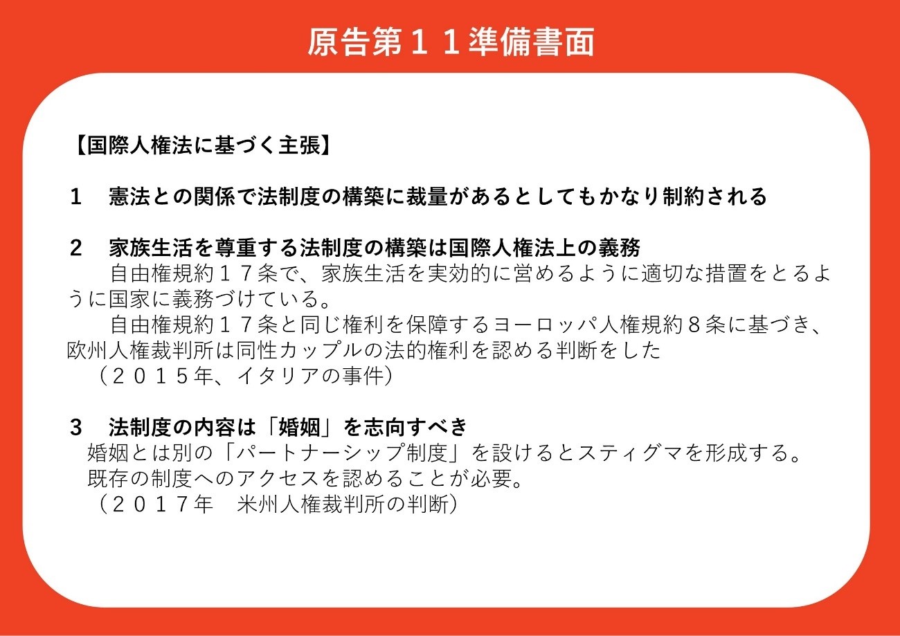 【国際人権法に基づく主張】 １ 憲法との関係で法制度の構築に裁量があるとしてもかなり制約される ２ 家族生活を尊重する法制度の構築は国際人権法上の義務 自由権規約１７条で、家族生活を実効的に営めるように適切な措置をとるように国家に義務づけている。 自由権規約１７条と同じ権利を保障するヨーロッパ人権規約８条に基づき、欧州人権裁判所は同性カップルの法的権利を認める判断をした （２０１５年、イタリアの事件） ３ 法制度の内容は「婚姻」を志向すべき 婚姻とは別の「パートナーシップ制度」を設けるとスティグマを形成する。 既存の制度へのアクセスを認めることが必要。 （２０１７年 米州人権裁判所の判断）