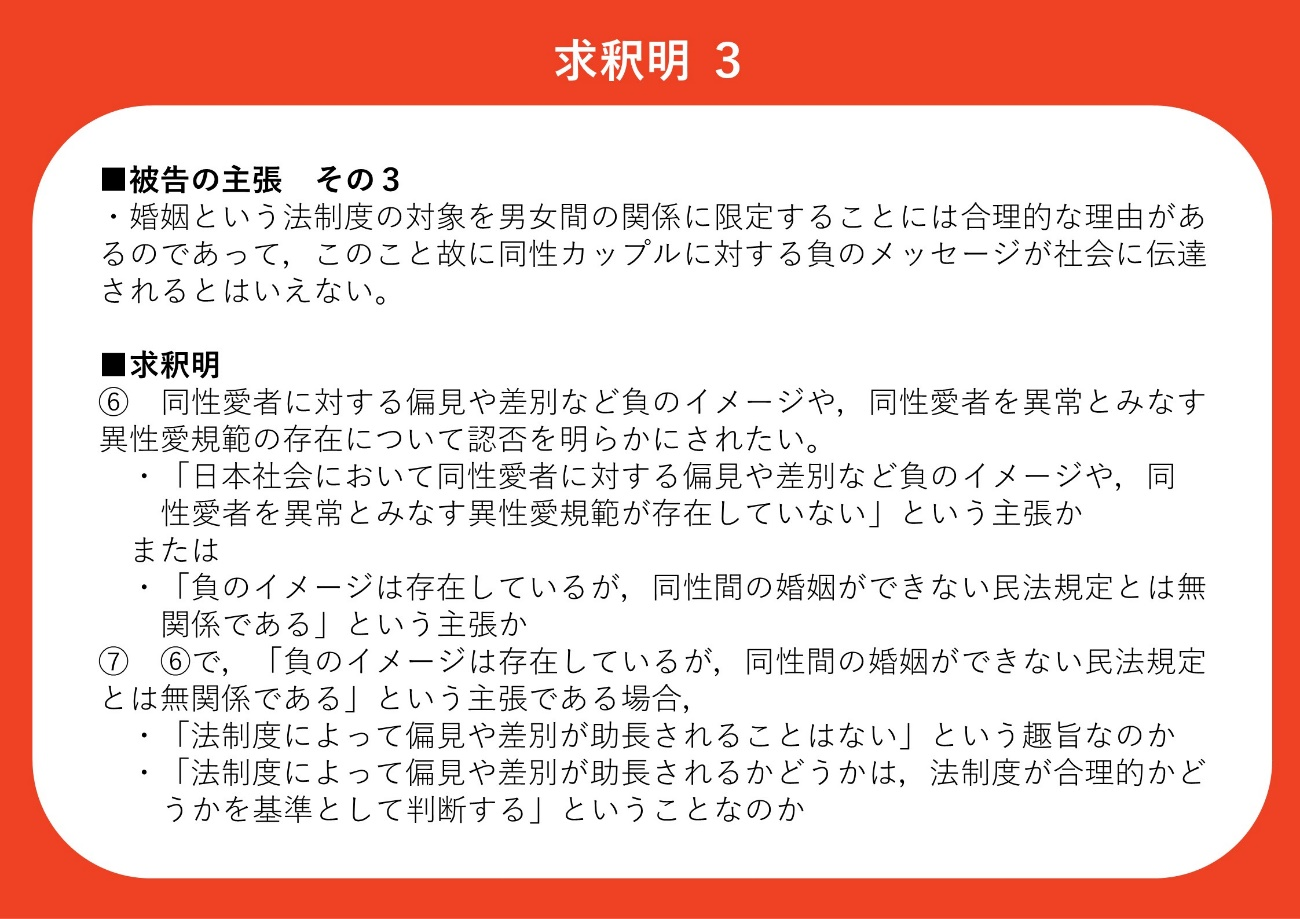■被告の主張 その３ ・婚姻という法制度の対象を男女間の関係に限定することには合理的な理由があるのであって，このこと故に同性カップルに対する負のメッセージが社会に伝達されるとはいえない。 ■求釈明 ⑥ 同性愛者に対する偏見や差別など負のイメージや，同性愛者を異常とみなす異性愛規範の存在について認否を明らかにされたい。 ・「日本社会において同性愛者に対する偏見や差別など負のイメージや，同 性愛者を異常とみなす異性愛規範が存在していない」という主張か または ・「負のイメージは存在しているが，同性間の婚姻ができない民法規定とは無 関係である」という主張か ⑦ ⑥で，「負のイメージは存在しているが，同性間の婚姻ができない民法規定とは無関係である」という主張である場合， ・「法制度によって偏見や差別が助長されることはない」という趣旨なのか ・「法制度によって偏見や差別が助長されるかどうかは，法制度が合理的かど うかを基準として判断する」ということなのか
