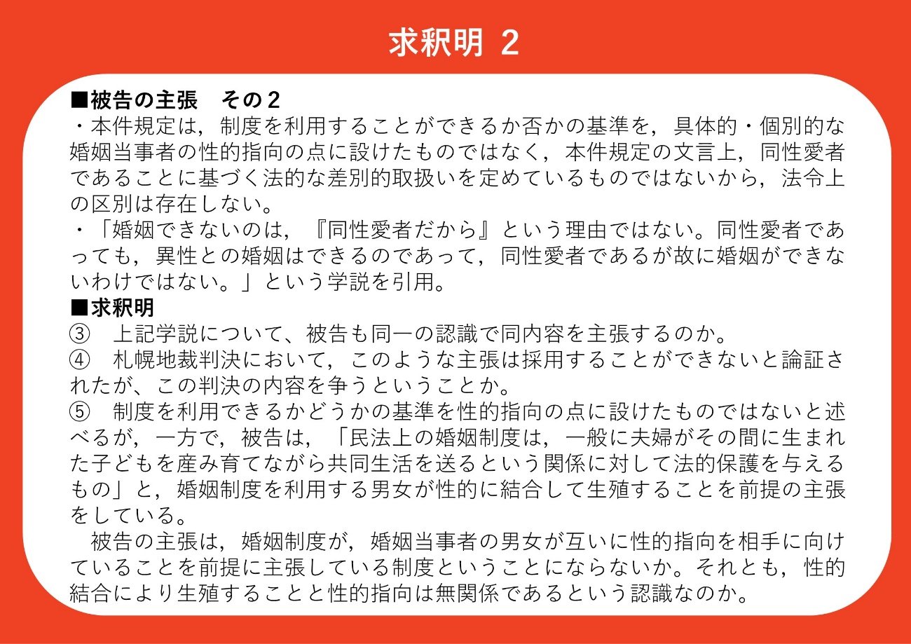 ■被告の主張 その２ ・本件規定は，制度を利用することができるか否かの基準を，具体的・個別的な婚姻当事者の性的指向の点に設けたものではなく，本件規定の文言上，同性愛者であることに基づく法的な差別的取扱いを定めているものではないから，法令上の区別は存在しない。 ・「婚姻できないのは，『同性愛者だから』という理由ではない。同性愛者であっても，異性との婚姻はできるのであって，同性愛者であるが故に婚姻ができないわけではない。」という学説を引用。 ■求釈明 ③ 上記学説について、被告も同一の認識で同内容を主張するのか。 ④ 札幌地裁判決において，このような主張は採用することができないと論証されたが、この判決の内容を争うということか。 ⑤ 制度を利用できるかどうかの基準を性的指向の点に設けたものではないと述べるが，一方で，被告は，「民法上の婚姻制度は，一般に夫婦がその間に生まれた子どもを産み育てながら共同生活を送るという関係に対して法的保護を与えるもの」と，婚姻制度を利用する男女が性的に結合して生殖することを前提の主張をしている。 被告の主張は，婚姻制度が，婚姻当事者の男女が互いに性的指向を相手に向けていることを前提に主張している制度ということにならないか。それとも，性的結合により生殖することと性的指向は無関係であるという認識なのか。