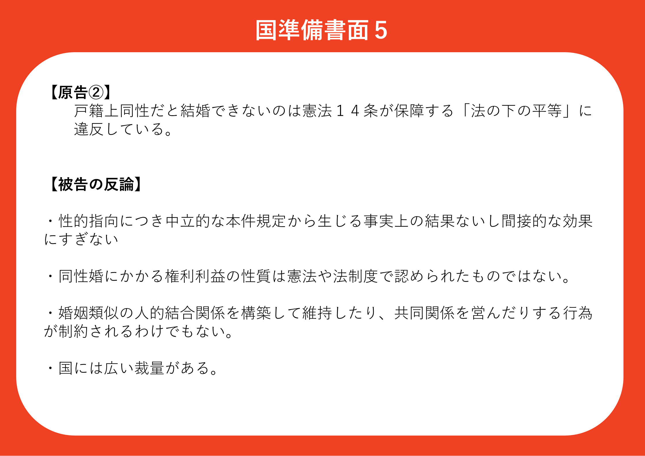 【原告②】 戸籍上同性だと結婚できないのは憲法１４条が保障する「法の下の平等」に 違反している。 【被告の反論】 ・性的指向につき中立的な本件規定から生じる事実上の結果ないし間接的な効果にすぎない ・同性婚にかかる権利利益の性質は憲法や法制度で認められたものではない。 ・婚姻類似の人的結合関係を構築して維持したり、共同関係を営んだりする行為が制約されるわけでもない。 ・国には広い裁量がある。