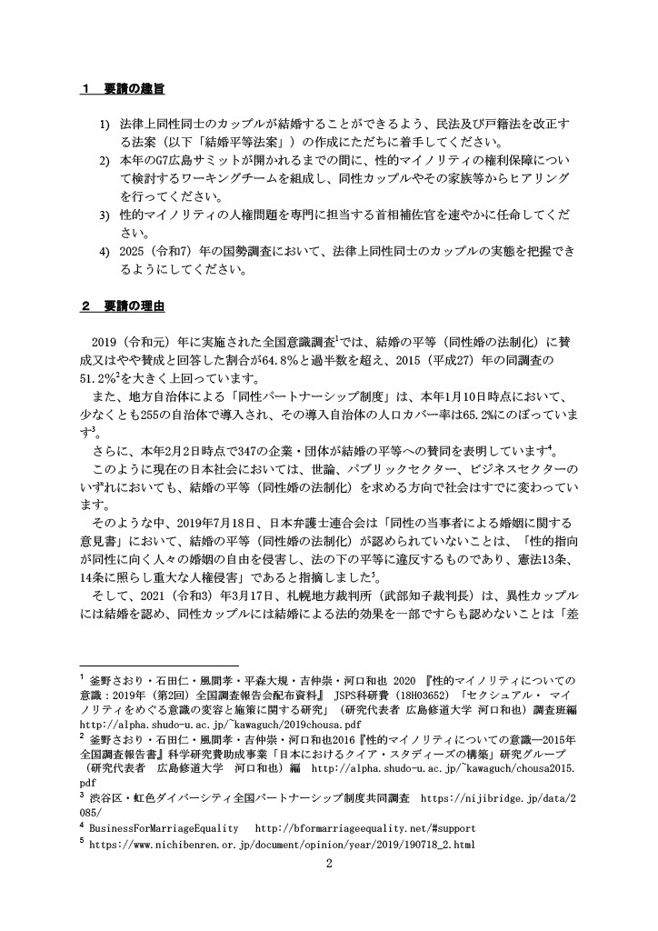 １ 要請の趣旨 1) 法律上同性同士のカップルが結婚することができるよう、民法及び戸籍法を改正する法案（以下「結婚平等法案」）の作成にただちに着手してください。 2) 本年のG7広島サミットが開かれるまでの間に、性的マイノリティの権利保障について検討するワーキングチームを組成し、同性カップルやその家族等からヒアリングを行ってください。 3) 性的マイノリティの人権問題を専門に担当する首相補佐官を速やかに任命してください。 4) 2025（令和7）年の国勢調査において、法律上同性同士のカップルの実態を把握できるようにしてください。 ２ 要請の理由 2019（令和元）年に実施された全国意識調査 では、結婚の平等（同性婚の法制化）に賛成又はやや賛成と回答した割合が64.8％と過半数を超え、2015（平成27）年の同調査の 51.2％ を大きく上回っています。 また、地方自治体による「同性パートナーシップ制度」は、本年1月10日時点において、少なくとも255の自治体で導入され、その導入自治体の人口カバー率は65.2%にのぼっています 。 さらに、本年2月2日時点で347の企業・団体が結婚の平等への賛同を表明しています 。 このように現在の日本社会においては、世論、パブリックセクター、ビジネスセクターのいずれにおいても、結婚の平等（同性婚の法制化）を求める方向で社会はすでに変わっています。 そのような中、2019年7月18日、日本弁護士連合会は「同性の当事者による婚姻に関する意見書」において、結婚の平等（同性婚の法制化）が認められていないことは、「性的指向が同性に向く人々の婚姻の自由を侵害し、法の下の平等に違反するものであり、憲法13条、14条に照らし重大な人権侵害」であると指摘しました 。 そして、2021（令和3）年3月17日、札幌地方裁判所（武部知子裁判長）は、異性カップルには結婚を認め、同性カップルには結婚による法的効果を一部ですらも認めないことは「差 ------------------- 釜野さおり・石田仁・風間孝・平森大規・吉仲崇・河口和也 2020 『性的マイノリティについての意識：2019年（第2回）全国調査報告会配布資料』 JSPS科研費（18H03652）「セクシュアル・ マイノリティをめぐる意識の変容と施策に関する研究」（研究代表者 広島修道大学 河口和也）調査班編http://alpha.shudo-u.ac.jp/~kawaguch/2019chousa.pdf 釜野さおり・石田仁・風間孝・吉仲崇・河口和也2016『性的マイノリティについての意識―2015年全国調査報告書』科学研究費助成事業「日本におけるクイア・スタディーズの構築」研究グループ（研究代表者 広島修道大学 河口和也）編 http://alpha.shudo-u.ac.jp/~kawaguch/chousa2015.pdf 渋谷区・虹色ダイバーシティ全国パートナーシップ制度共同調査 https://nijibridge.jp/data/2085/ BusinessForMarriageEquality http://bformarriageequality.net/#support https://www.nichibenren.or.jp/document/opinion/year/2019/190718_2.html 