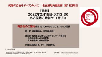 結婚の自由をすべての人に 名古屋地方裁判所 第11回期日 裁判の情報 日時は2022年2月１５日火曜日13時30分 場所は名古屋地方裁判所 1号法廷 報告会はYouTubeでLIVE配信 時間は2月15日、19時から20時30分 司会はやざきあきこ氏 ゲストはかざまたかし氏 タイムスケジュール 第一部は、19時から裁判の報告会 第二部は、19時45分から 「裁判を取り巻く人」シリーズ第4弾 ゲストは九州弁護団のすずきともえ氏、おおたちはる氏 お問合せ：mfajnagoya@gmail.com