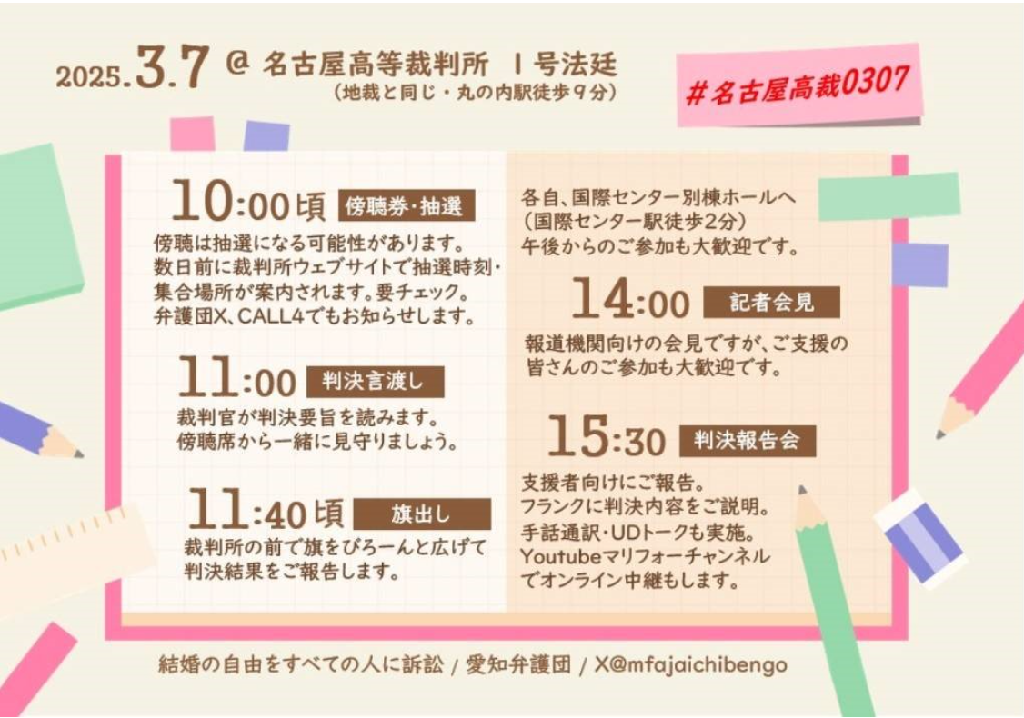 2025.3.7 @名古屋高等裁判所 1号法廷 (地裁と同じ・丸の内駅徒歩9分) 10:00頃 傍聴券・抽選 傍聴は抽選になる可能性があります。 数日前に裁判所ウェブサイトで抽選時刻・ 集合場所が案内されます。要チェック。 弁護団X、CALL4でもお知らせします。 11:00 判決言渡し 裁判官が判決要旨を読みます。 傍聴席から一緒に見守りましょう。 11:40頃 旗出し 裁判所の前で旗をびろーんと広げて 判決結果をご報告します。 #名古屋高裁0307 各自、国際センター別棟ホールへ (国際センター駅徒歩2分) 午後からのご参加も大歓迎です。 14:00 記者会見 報道機関向けの会見ですが、ご支援の 皆さんのご参加も大歓迎です。 15:30 判決報告会 支援者向けにご報告。 フランクに判決内容をご説明。 手話通訳・UDトークも実施。 Youtubeマリフォーチャンネル でオンライン中継もします。 結婚の自由をすべての人に訴訟/ 愛知弁護団/X@mfajaichibengo