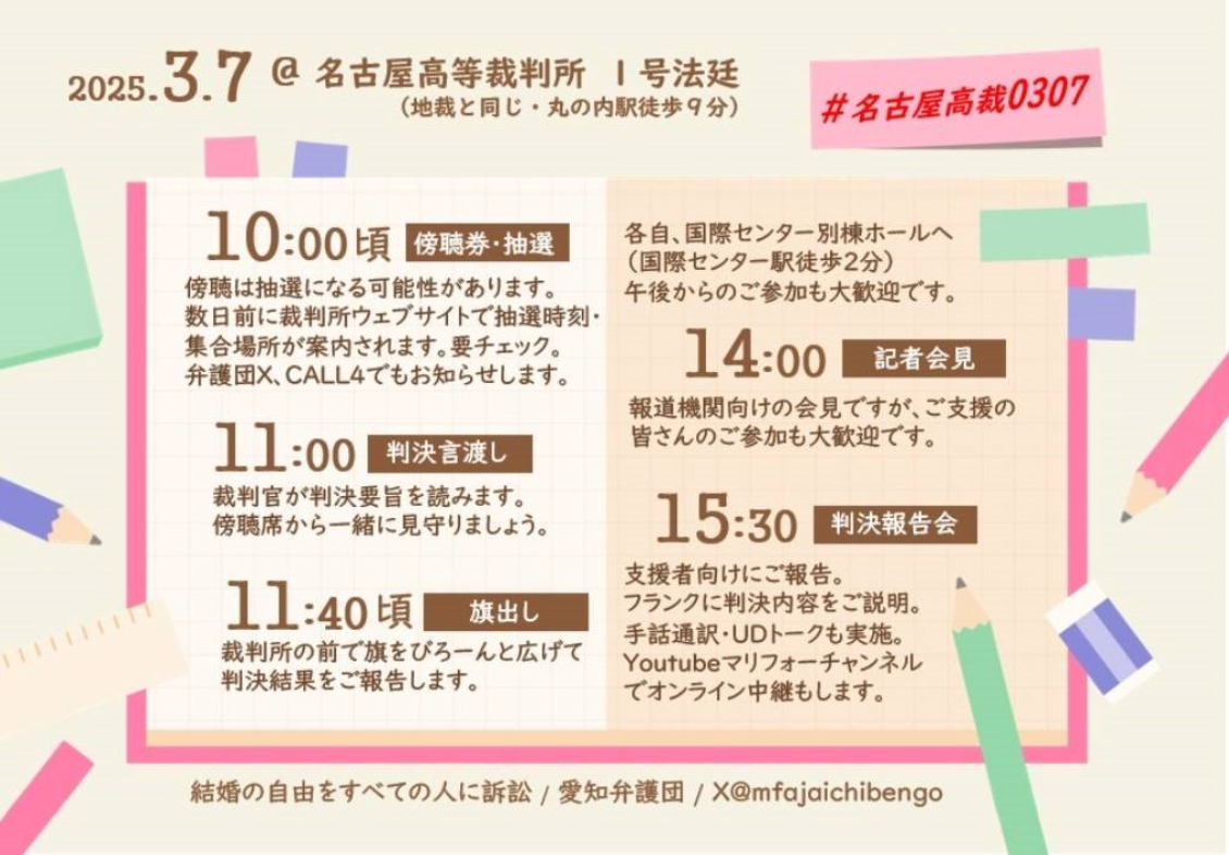 2025.3.7 名古屋高等裁判所 １号法廷 ・10時頃 傍聴券抽選 ・11時 判決言い渡し ・11時40分頃 旗出し ・14時 記者会見 ・15時30分 判決報告会