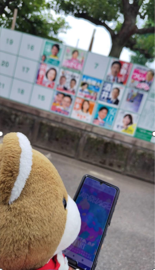 選挙ポスター掲示板に向かうくまちゃんの写真。くまちゃんはスマホをもっていて、プライドビジョンのウェブサイトを表示している。