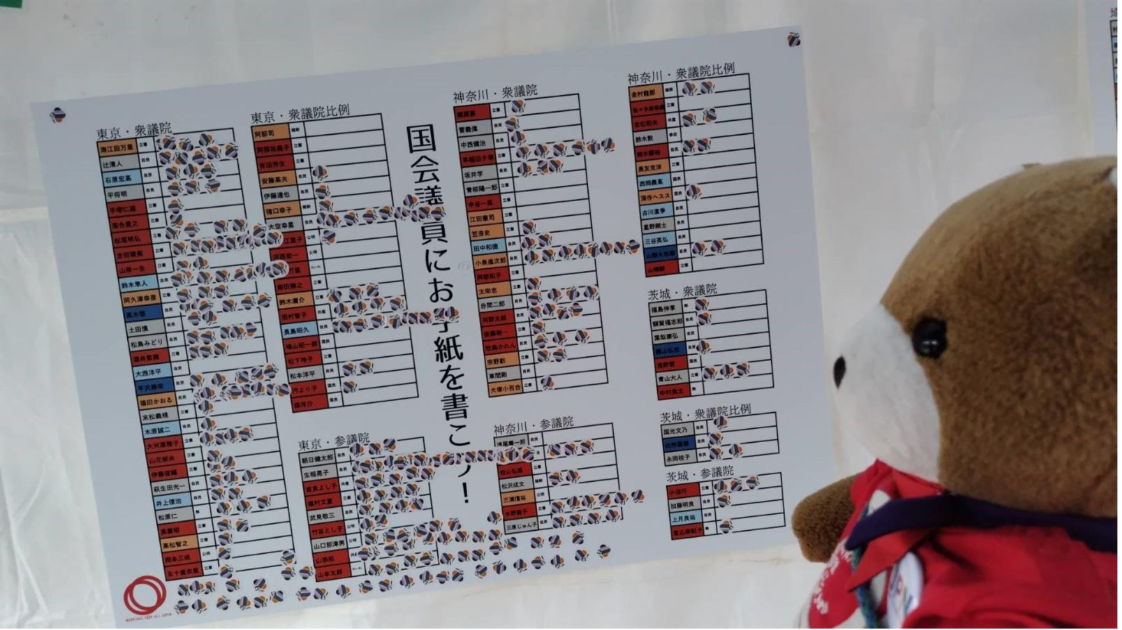 国会議員の名前が並んだリストに、手紙を書いたことを示すシールがたくさん貼られている。