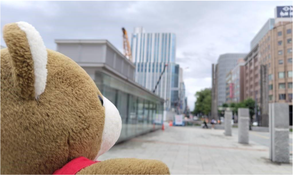 駅前の通りを眺めるくまちゃん