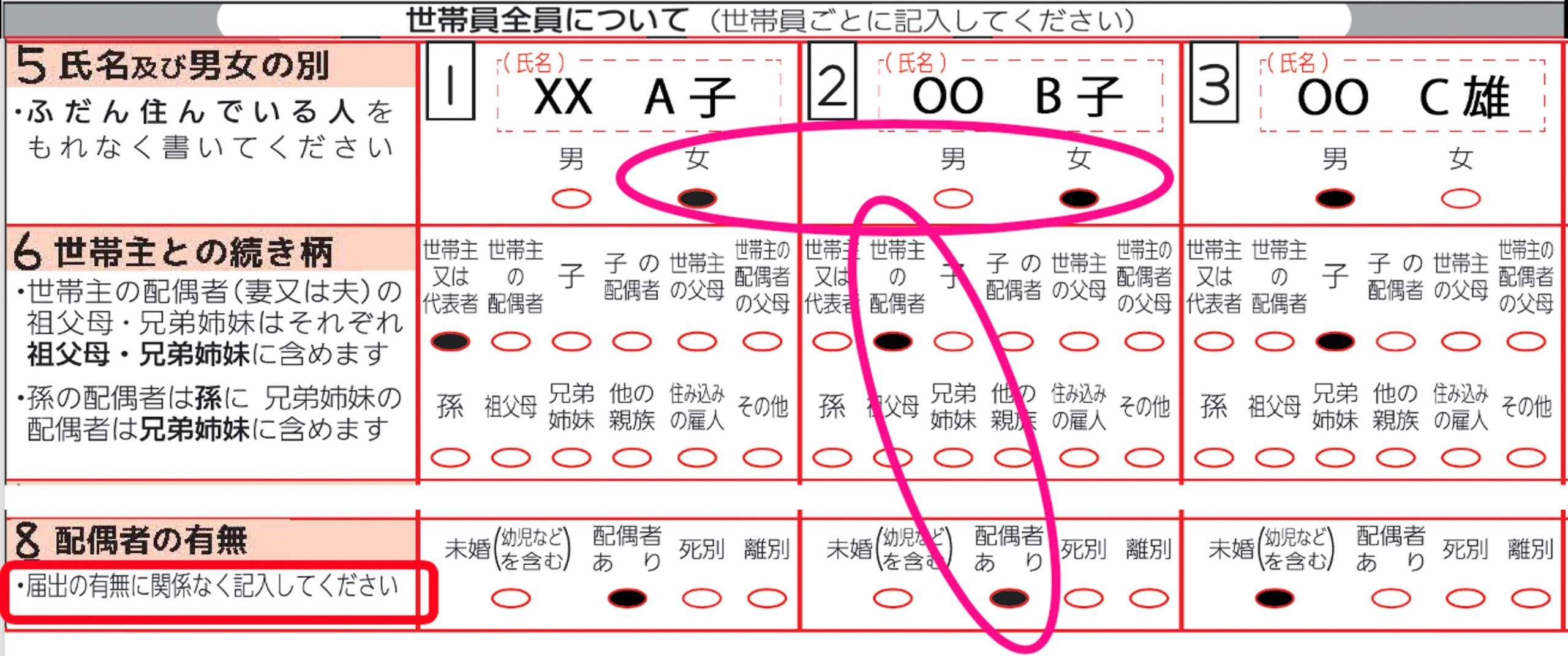 国勢調査の回答用紙
氏名及び男女の別について1人目,2人目をいずれも女とした上で、世帯主との続き柄を1人目は世帯主または代表者、2人目を世帯主の配偶者とし、さらに、配偶者の有無を、1人目と2人目ともに配偶者ありにして回答している。なお、配偶者の有無の欄には、「届出の有無に関係なく記入してください」との説明がある。