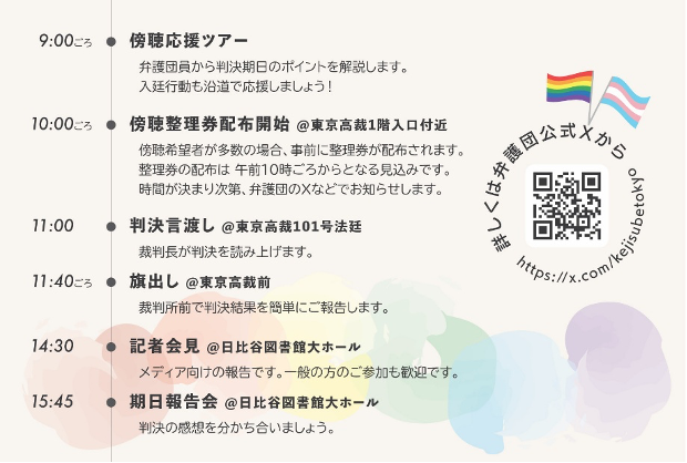 9:00ごろ 傍聴応援ツアー 弁護団員から判決期日のポイントを解説します。 入廷行動も沿道で応援しましょう！ 10:00ごろ 傍聴整理券配布開始 @東京地裁1階入口付近 傍聴希望者が多数の場合、事前に整理券が配布されます。 整理券の配布は 午前１０時ごろからとなる見込みです。 時間が決まり次第、弁護団のXなどでお知らせします。 11:00 判決言渡し @東京地裁101号法廷 裁判長が判決を読み上げます。 11:40ごろ 旗出し @東京地裁前 裁判所前で判決結果を簡単にご報告します。 14:30 記者会見 @日比谷図書館大ホール メディア向けの報告です。一般の方のご参加も歓迎です。 15:45 期日報告会 @日比谷図書館大ホール 判決の感想を分かち合いましょう。 詳しくは弁護団公式Xから https://x.com/kejisubetokyo