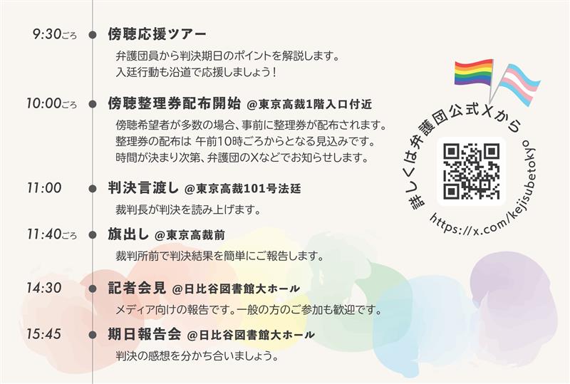 9:30ごろ 傍聴応援ツアー 弁護団員から判決期日のポイントを解説します。 入廷行動も沿道で応援しましょう! 10:00ごろ 傍聴整理券配布開始 @東京地裁1階入口付近 傍聴希望者が多数の場合、事前に整理券が配布されます。 整理券の配布は 午前10時ごろからとなる見込みです。 時間が決まり次第、弁護団のXなどでお知らせします。 11:00 判決言渡し @東京地裁101号法廷 裁判長が判決を読み上げます。 11:40ごろ 旗出し @東京地裁前 裁判所前で判決結果を簡単にご報告します。 14:30 記者会見 @日比谷図書館大ホール メディア向けの報告です。一般の方のご参加も歓迎です。 15:45 期日報告会 @日比谷図書館大ホール 判決の感想を分かち合いましょう。 詳しくは弁護団公式Xから https://x.com/kejisubetokyo